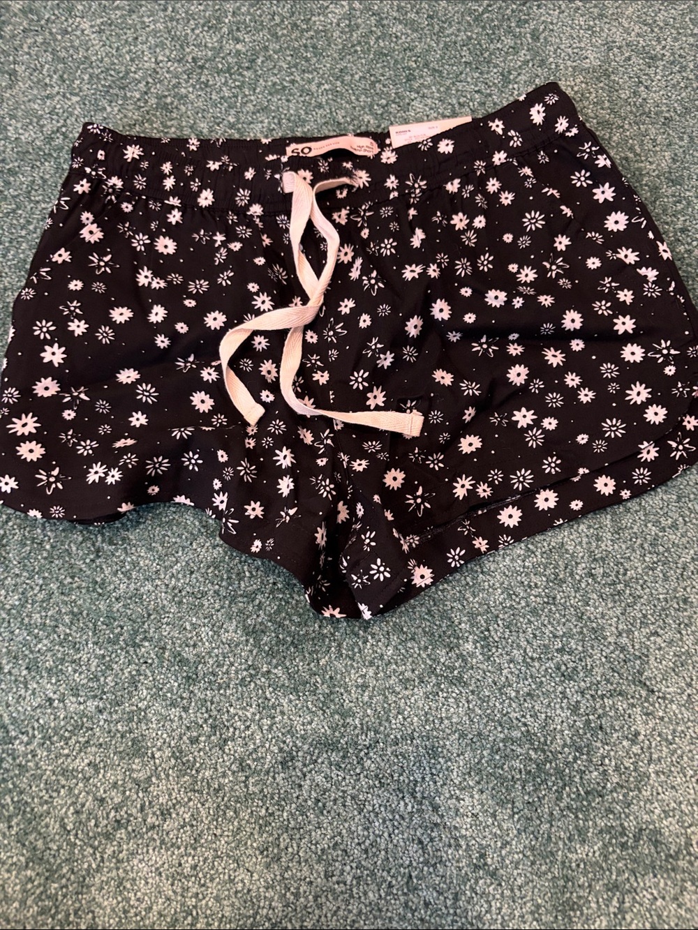 SO Black Floral High-Waist Lounge Shorts with White‎ Drawstring Small NWT